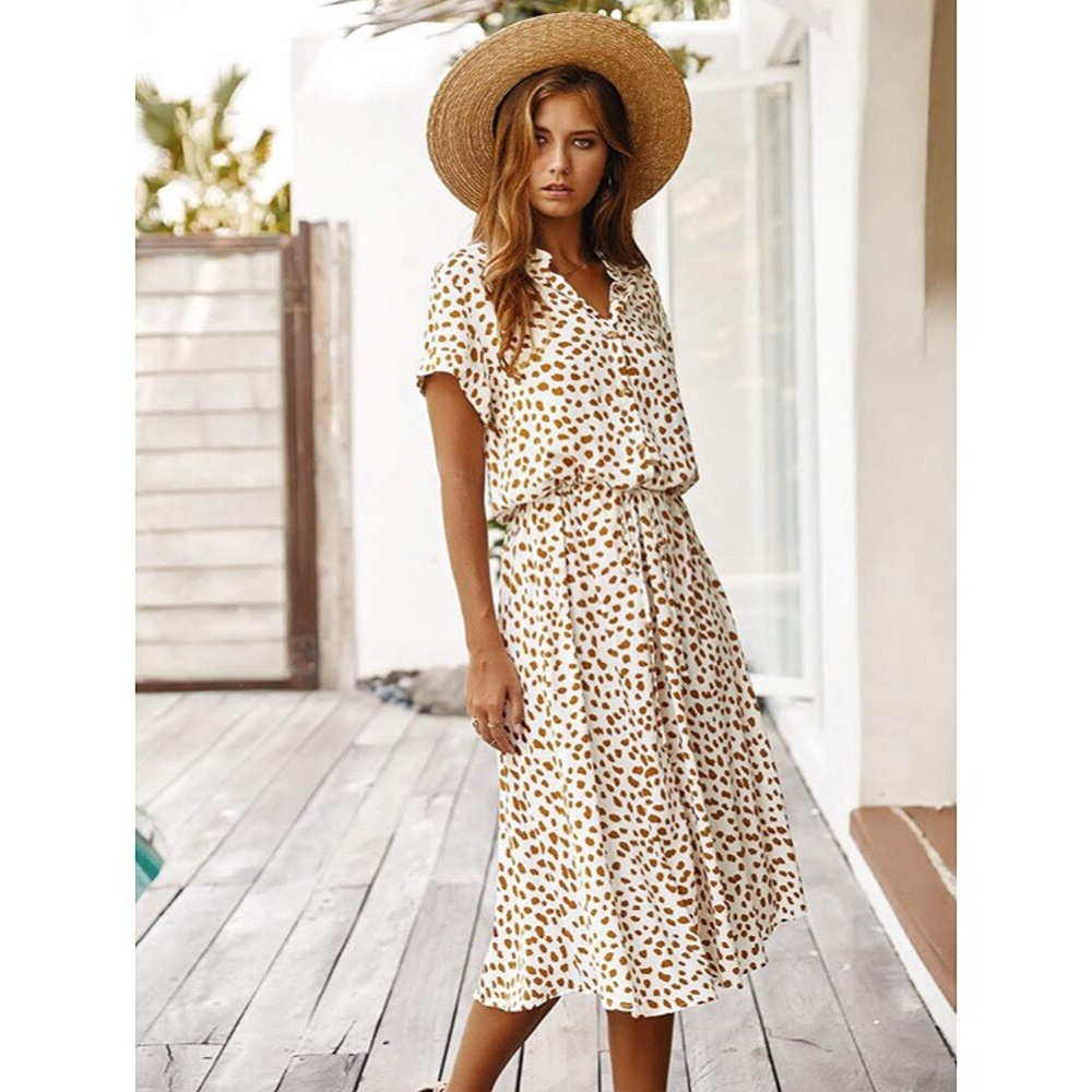 π BOHO TAN WHITE ANIMAL PRINT MIDI DRESS! - Picture 3 of 9
